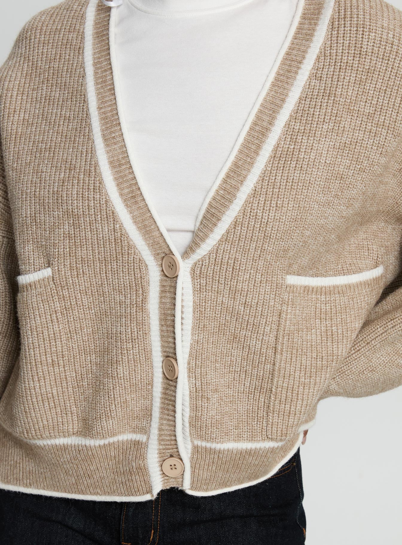 Cressara Contrast Knit Cardigan Beige / White | Princess Polly