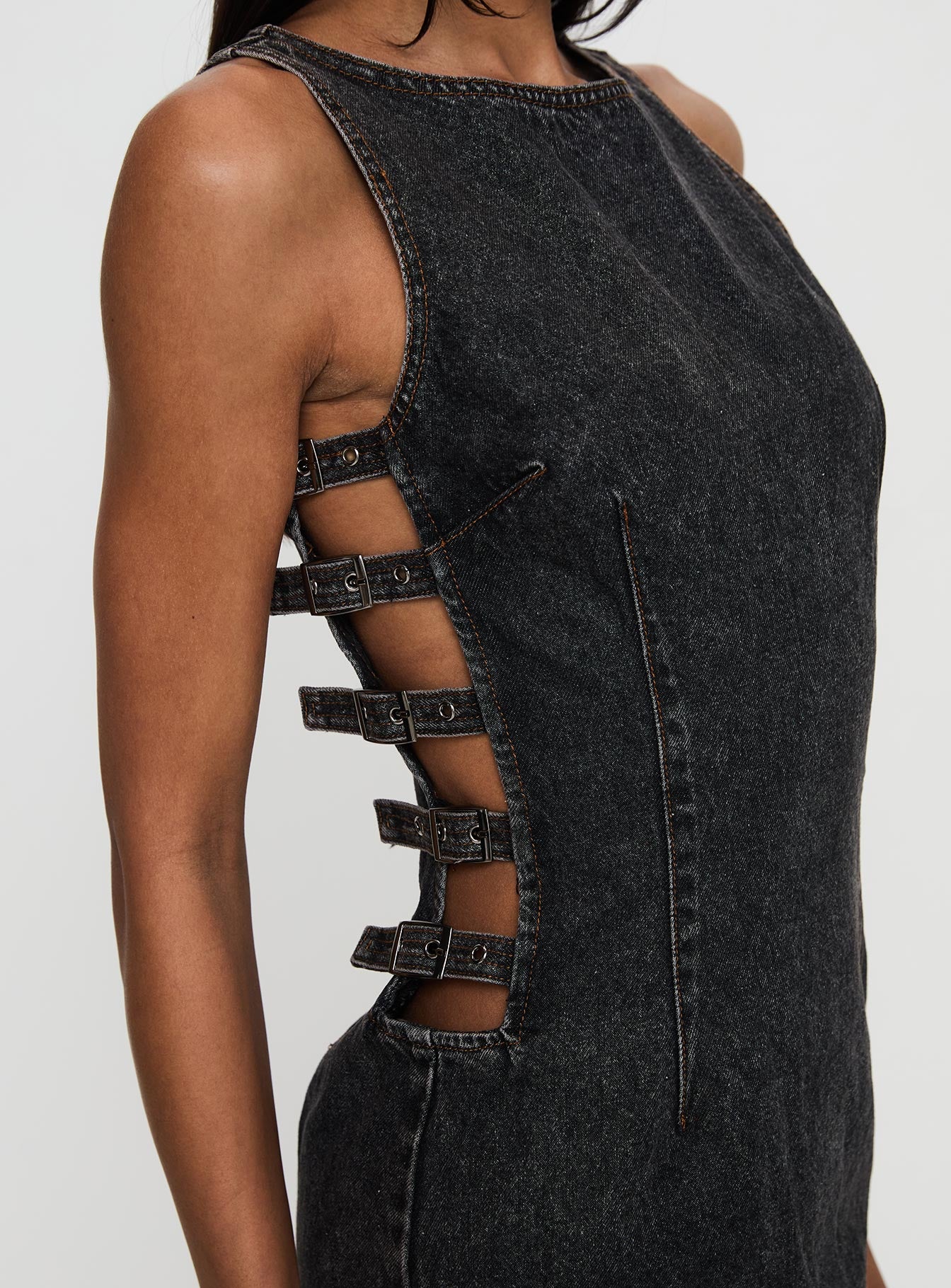 Chatter Buckle Side Denim Mini Dress Charcoal Chatter Buckle Side Denim Mini Dress Charcoal