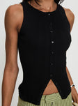 back view of model wearing Princess Polly Oregano Top Black Sleeveless Crew Neck 