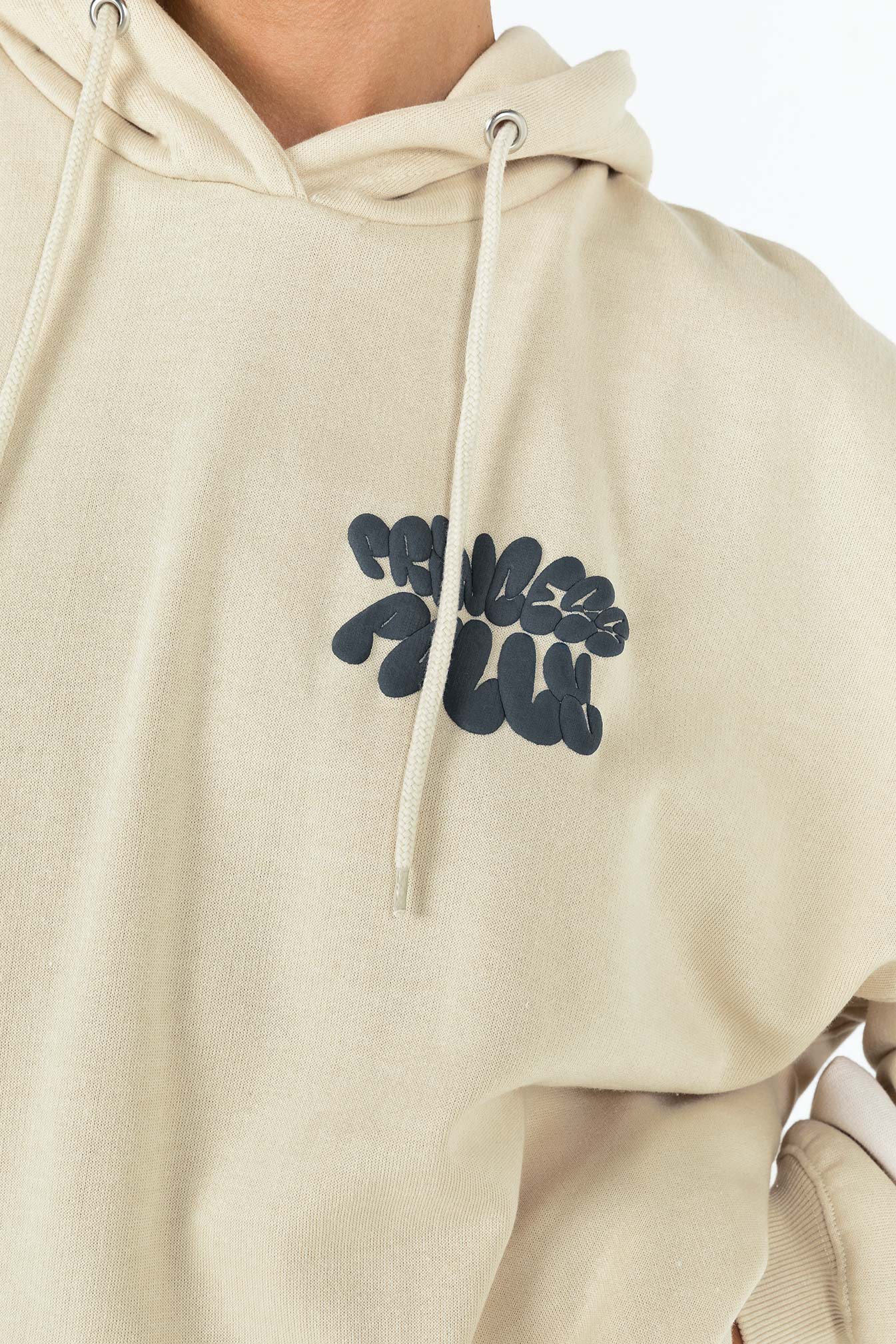 back view of model wearing Princess Polly Princess Polly Hooded Sweatshirt Bubble Text Stone / Slate Long 