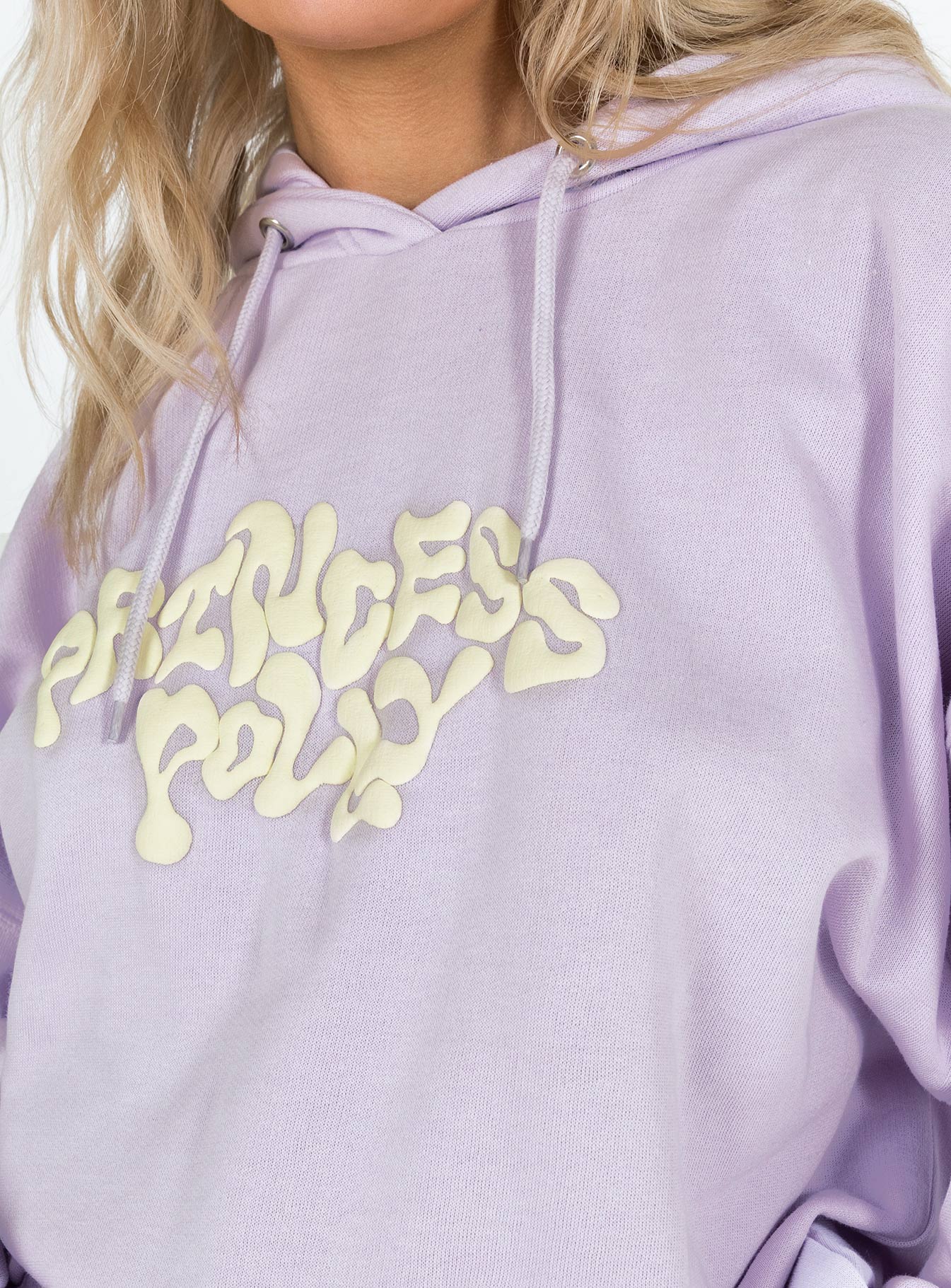 back view of model wearing Princess Polly Princess Polly Hooded Sweatshirt Squiggle Text Dusty Mauve / Eggshell regular 