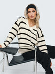 Sweater Knit material Striped print Classic collar V neckline Drop shoulder Good stretch Unlined 