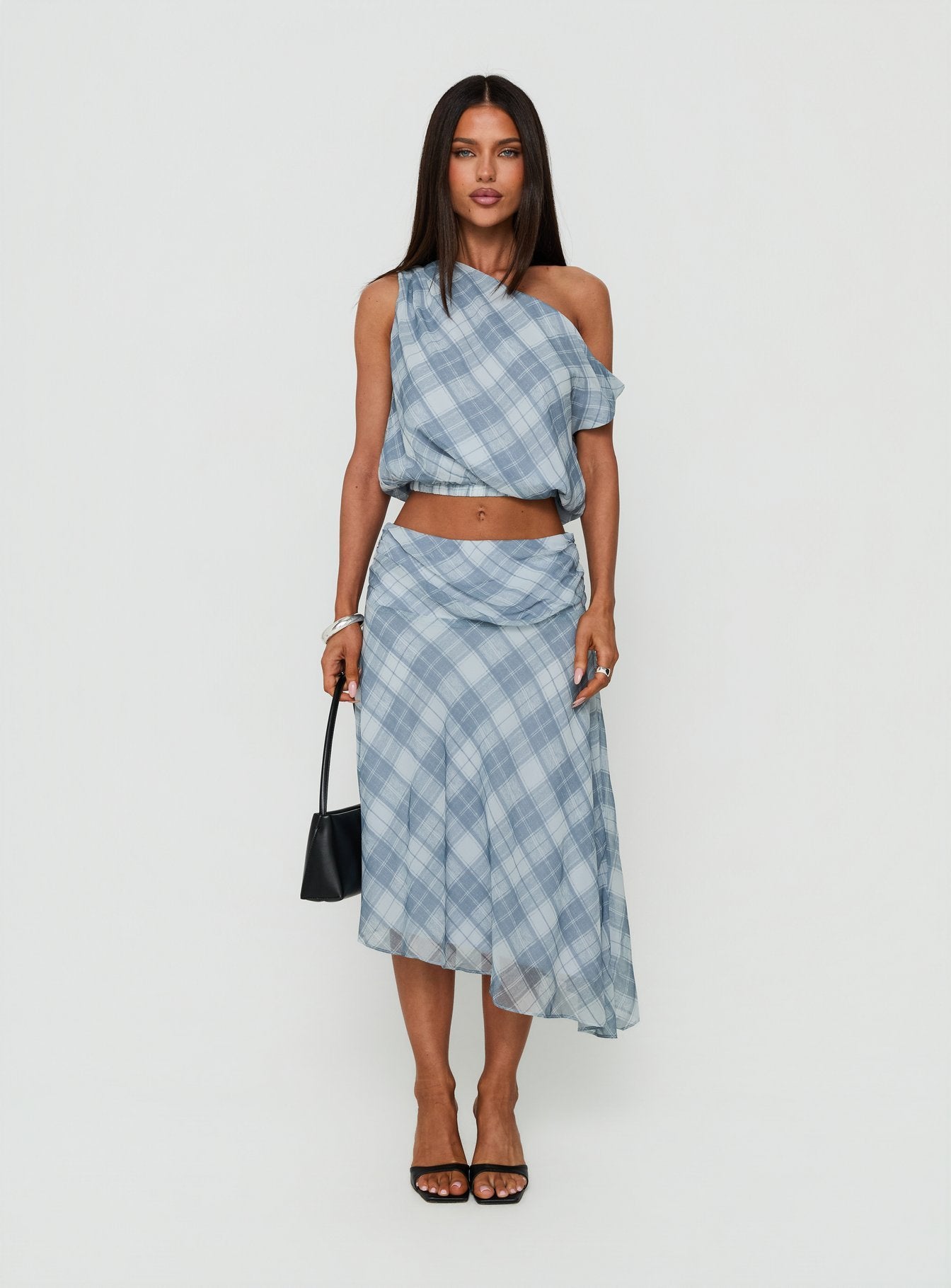Sabbine Off Shoulder Top Blue Check