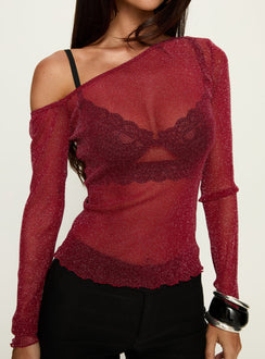 Zondra Sheer One Shoulder Top Burgundy Shimmer