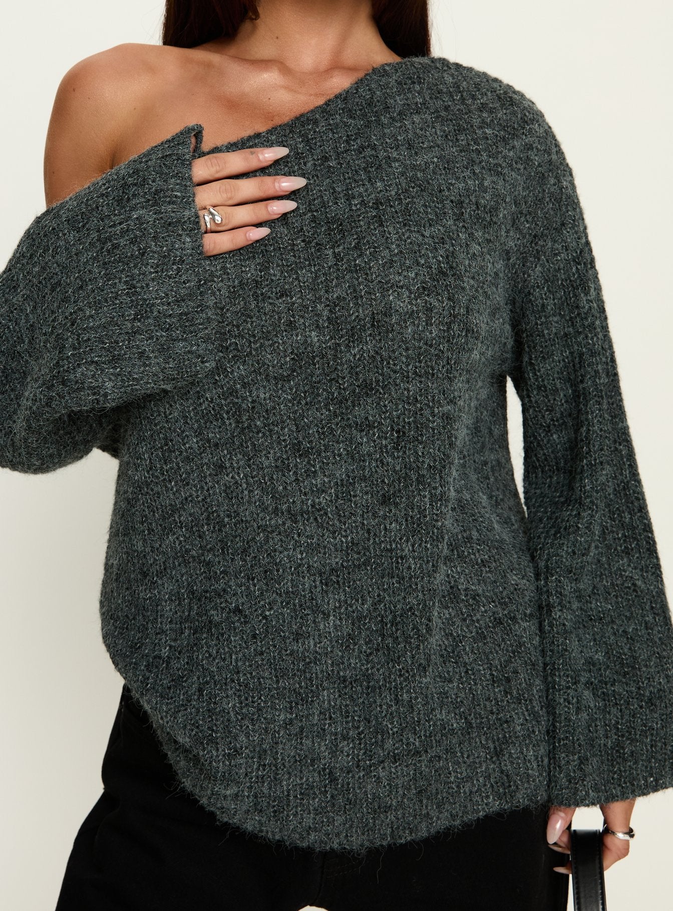 back view of model wearing Princess Polly Delyn Off Shoulder Slouchy Knit Sweater Black Marle 