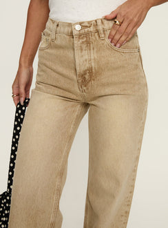 side view of model wearing Princess Polly Fawcett High Rise Straight Leg Jeans Tan High Rise Jeans 