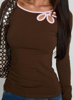 Double Back Floral Cut Out Long Sleeve Top Chocolate / Pink