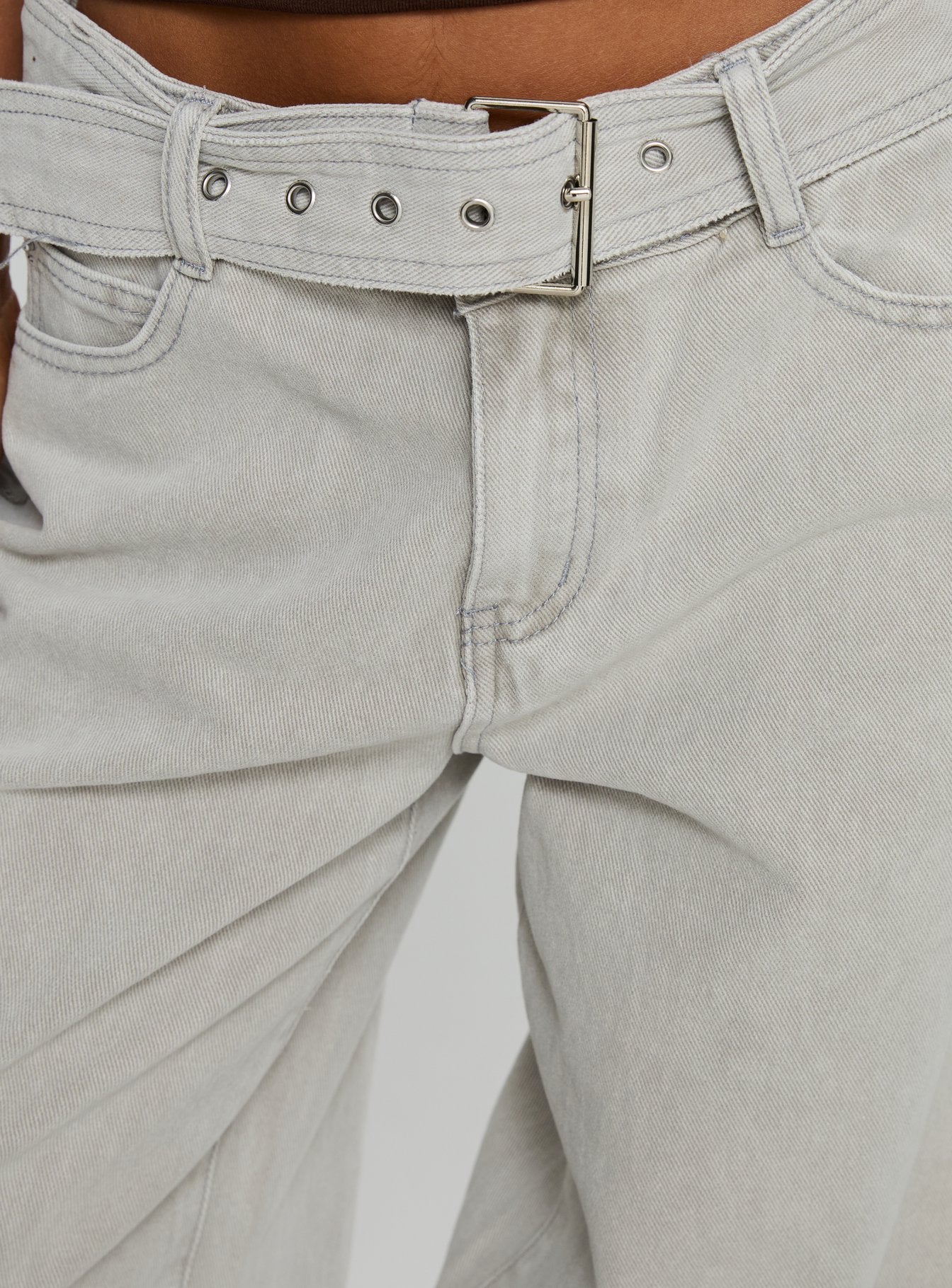 product Princess Polly Katlin Mid Rise Wide Leg Buckle Detail Jeans Grey Wash Mid Rise Jeans 
