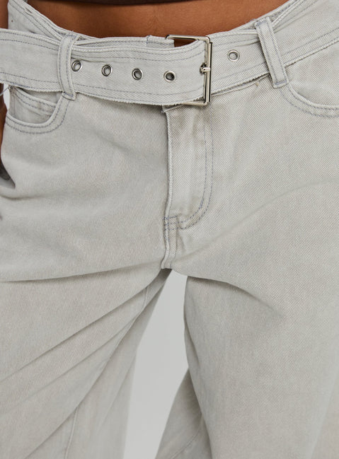 product Princess Polly Katlin Mid Rise Wide Leg Buckle Detail Jeans Grey Wash Mid Rise Jeans 