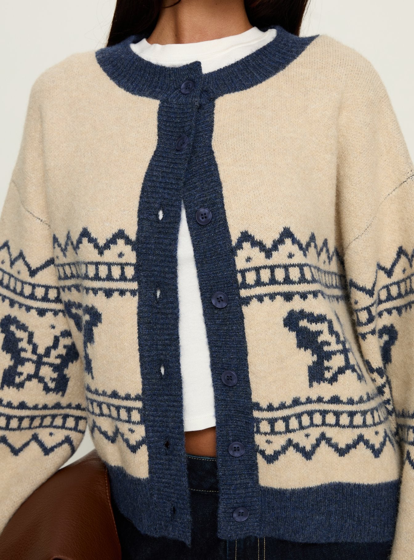 back view of model wearing Princess Polly Wynoni Alpine Knit Cardigan Beige / Navy Longline Jumpers 