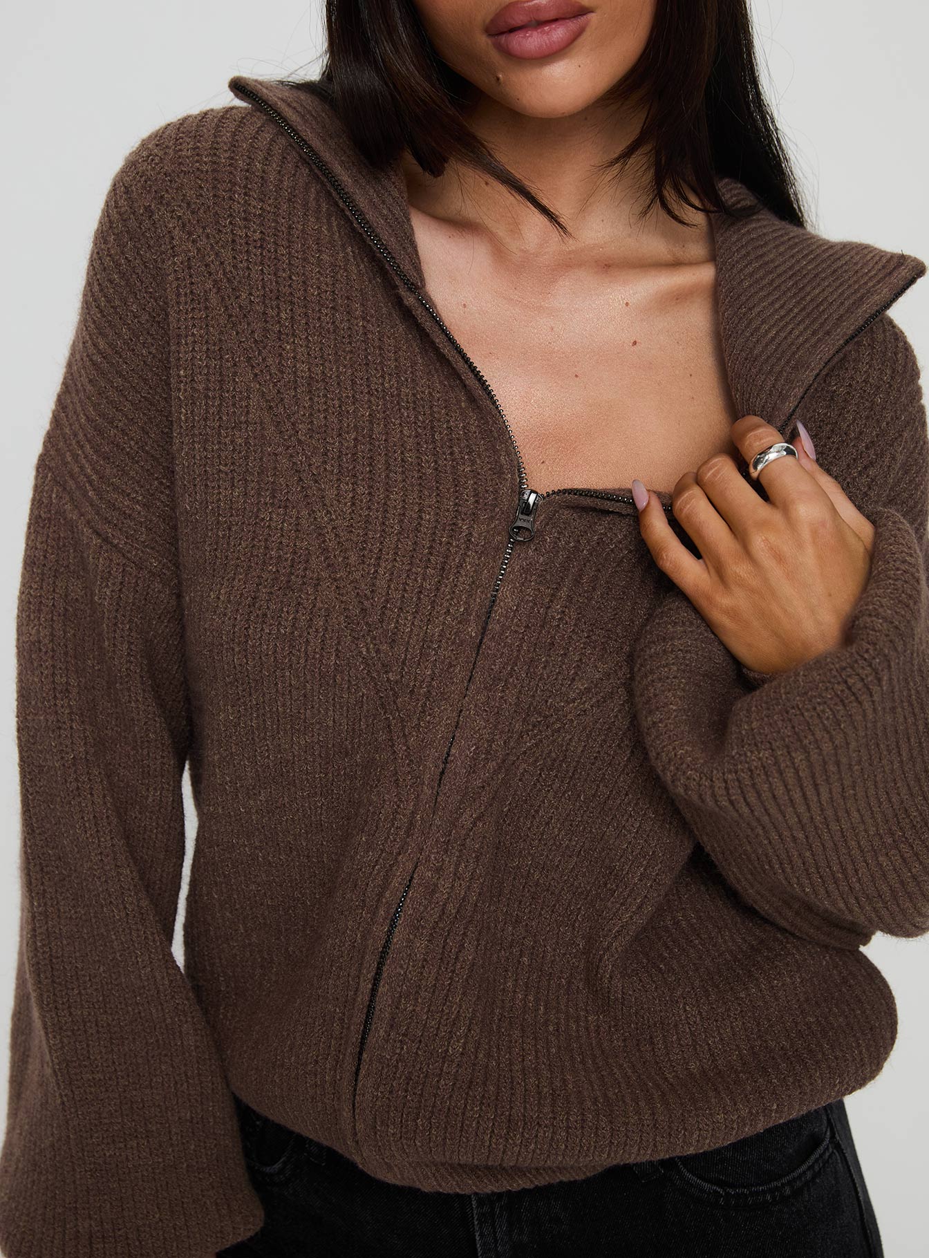 Hertford Zip Through Knit Sweater Brown | Princess Polly