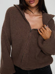 back view of model wearing Princess Polly Hertford Zip Through Knit Sweater Brown 