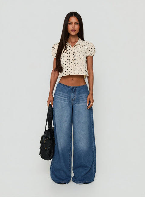 Kinnedie Puff Sleeve Blouse Top Cream Polka Dot