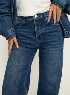 back view of model wearing Princess Polly Fawcett High Rise Straight Leg Jeans Dark Blue Wash High Rise Jeans 