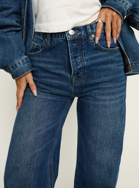back view of model wearing Princess Polly Fawcett High Rise Straight Leg Jeans Dark Blue Wash High Rise Jeans 