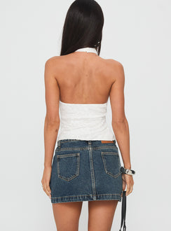 back view of model wearing Princess Polly Nickei Denim Mini Skirt Washed Blue Tall Mini Skirts 