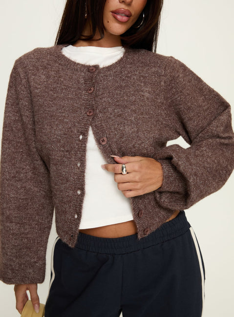 front view of model wearing Princess Polly Dawsen Button Down Cardigan Brown cropped 