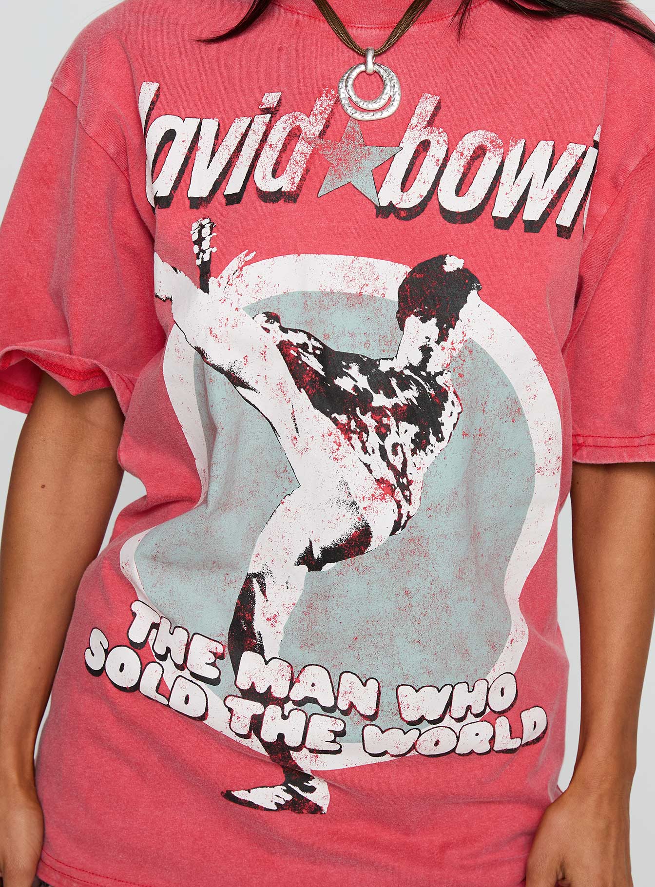 back view of model wearing Princess Polly David Bowie Vintage Oversized Graphic Tee Red Half Sleeves Crew Neck 
