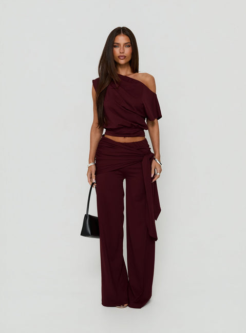 Hadlia Tie Waist Pants Burgundy Petite