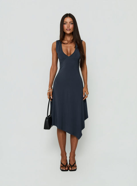 Louisia V Neck Hanky Hem Midi Dress Charcoal