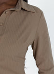 Long sleeve shirt Pinstripe print Classic collar Button fastening at front Flared sleeves