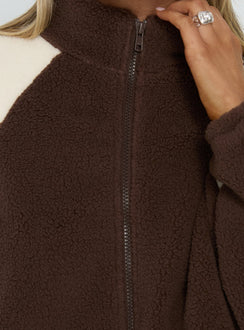 Fair Play Funnel Polar Fleece Zip Jacket Brown / Cream