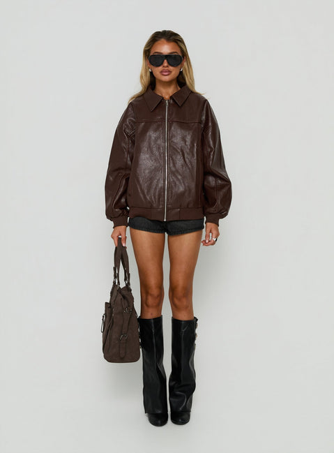 Goldsmith Faux Leather Bomber Jacket Brown
