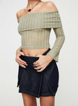 Front view of model wearing  front Princess Polly Full Sleeves Square Neck  Vosti Off The Shoulder Top Olive