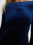 back view of model wearing Princess Polly Syrene Velvet Mini Dress Navy Boat Neck 