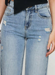 front view of model wearing Princess Polly Girard Wide Leg Denim Jeans Light Blue Wash High Waisted 