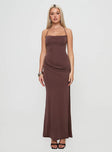 side view of model wearing Princess Polly Marchesi Cupro Maxi Dress Chocolate Square Neck 