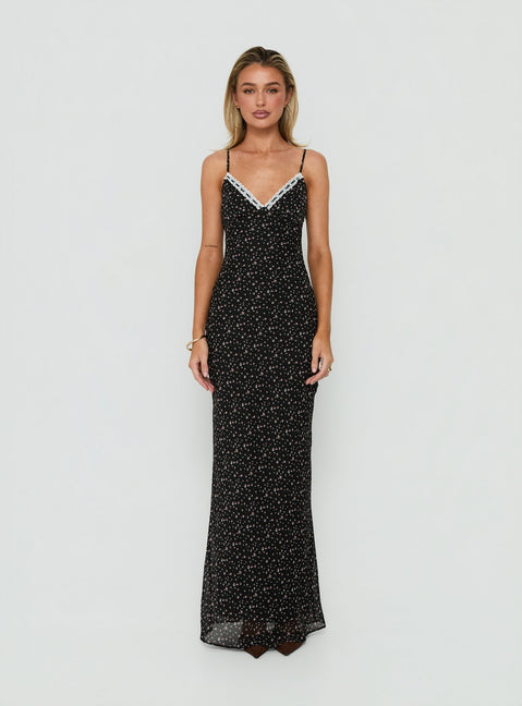 Alasia Lace Trim V Neck Maxi Dress Black Floral