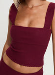 back view of model wearing Princess Polly Mooring Square Neck Top Maroon Sleeveless Square Neck 