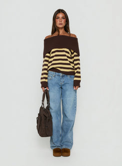 Next Page Foldover Long Sleeve Knit Sweater Brown / Yellow Stripe