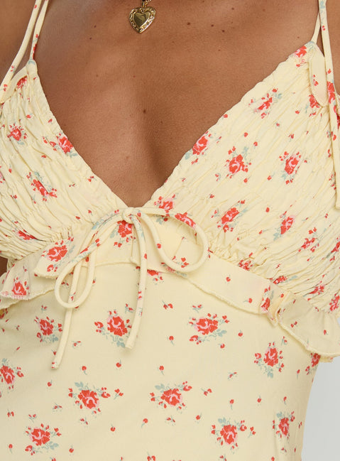 Morcar Frill V Neck Maxi Dress Yellow Floral