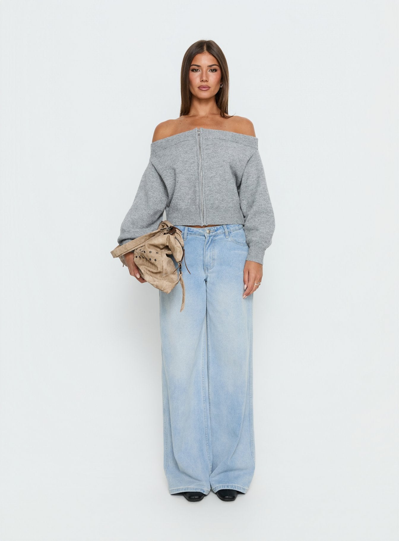 side view of model wearing Princess Polly Ortensa Off Shoulder Zip Through Jumper Grey Marle Cropped Jumpers 