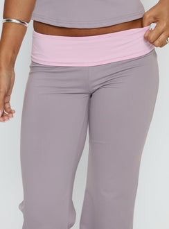 back view of model wearing Princess Polly Kobee Jersey Flare Pants Slate / Dusty Pink Mid Rise Pants 
