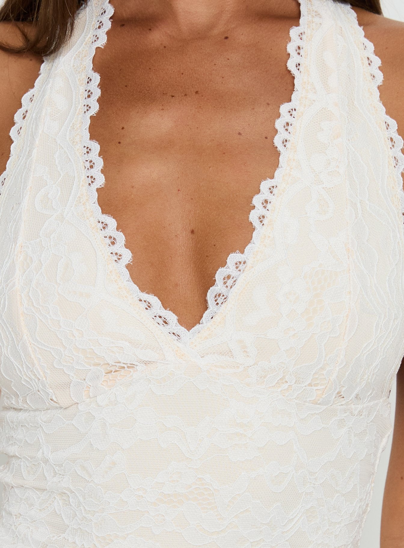 open lace back dress Nataliana Lace Halter Mini Dress White main image 1