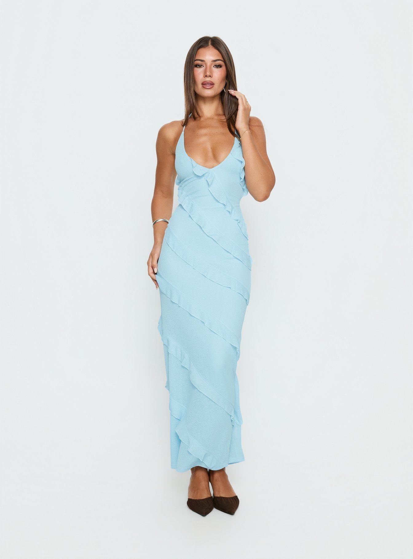 maxi blue dress women Adesta Frill Halter Maxi Dress Blue