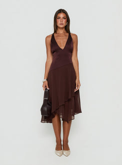 Emeliah Asymmetrical Plunge Midi Dress Brown