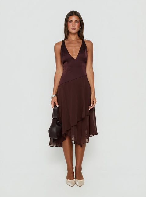 Emeliah Asymmetrical Plunge Midi Dress Brown