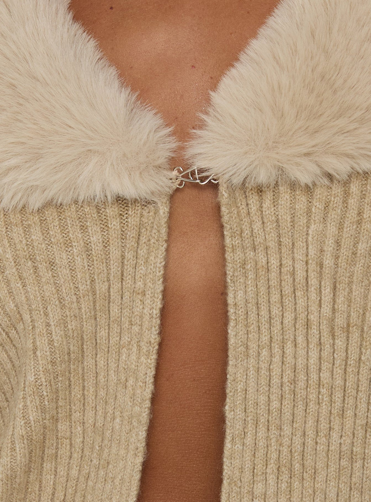 Presenting the Gisele Faux Fur Trim Long Sleeve Sand womens jumper in short length detail Princess Polly