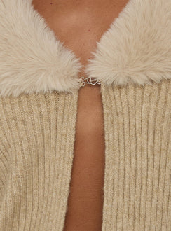 Presenting the Gisele Faux Fur Trim Long Sleeve Sand womens jumper in short length detail Princess Polly
