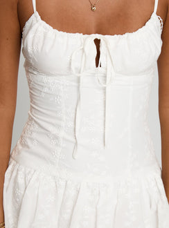 back view of model wearing Princess Polly Peonies Embroidered Mini Dress White Scoop Neck 