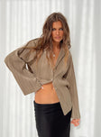 Front view of model wearing  front Princess Polly Full Sleeves Square Neck  Louie Pleated Shirt Beige