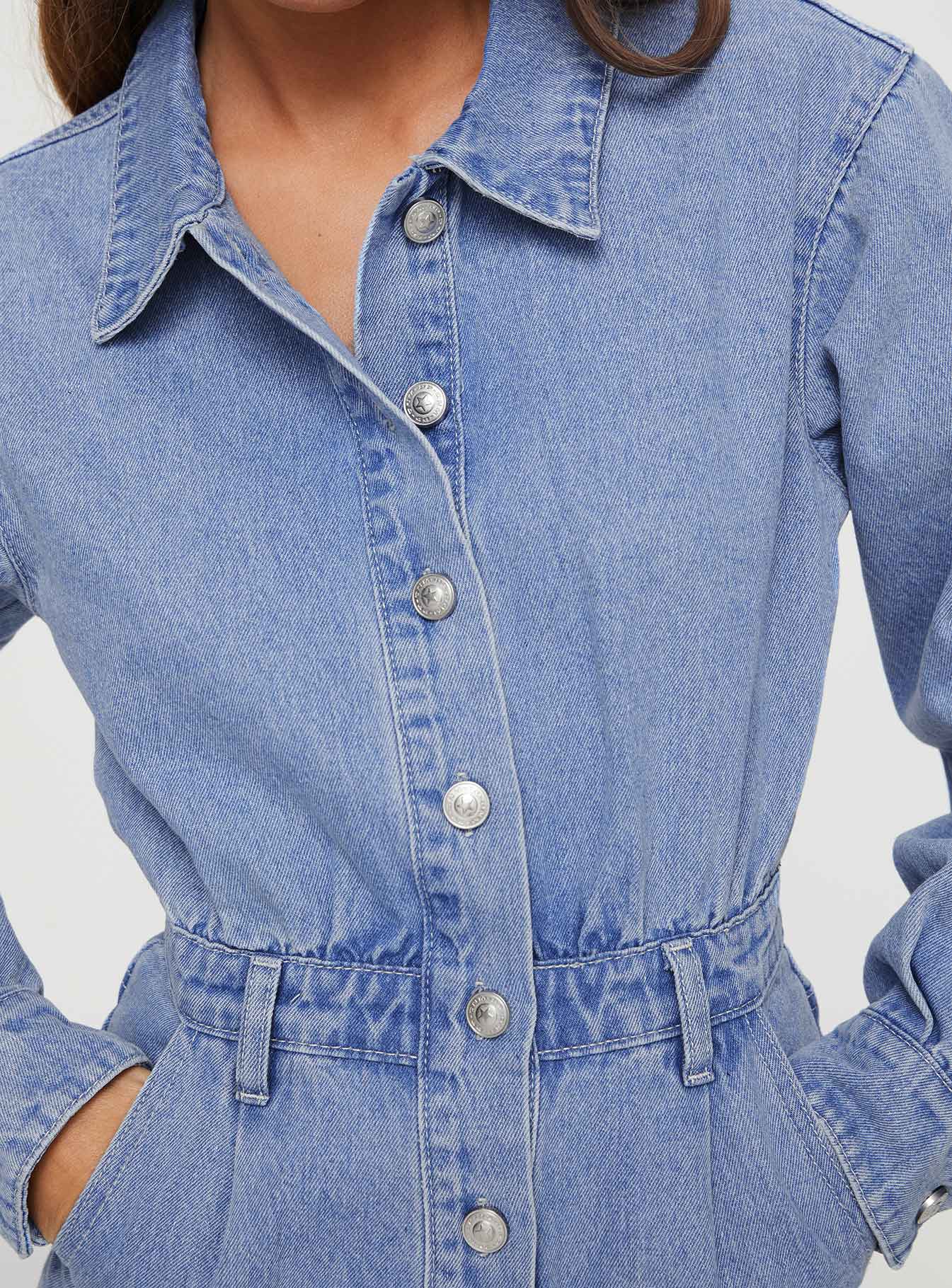Denim romper Classic collar, button fastening, four pocket design, belt loops at waist