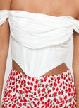 White off the shoulder crop top Inner silicone strip at bust, boning throughout, zip fastening at back, curved hem