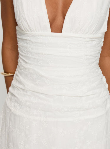 Everelle Ruched Embroidered Mini Dress White