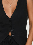 Black Linen vest top V neckline, button closure, tie detail at back
