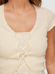 Cop top Lace up detail at front, knit material, lettuce edge hem Good stretch, unlined 